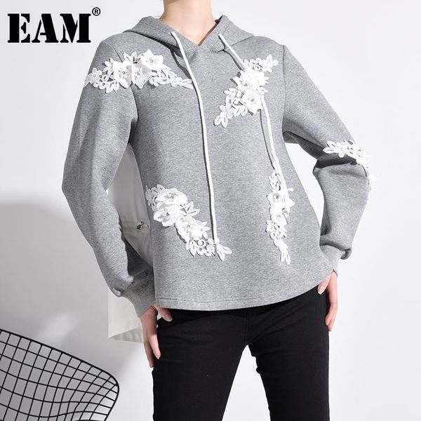 

eam] loose fit embroidery nailed drawstring sweatshirt new hooded long sleeve women big size fashion tide spring 2020 1m981021, Black