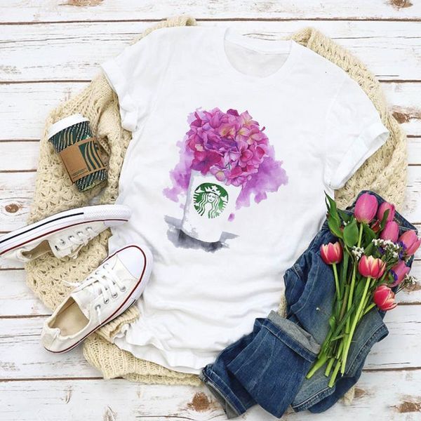 

women summer short sleeve cartoon floral flower and coffee print fashion lady t-shirts female t shirt ladies womens clothes, White