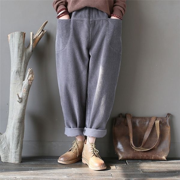 

johnature spring new corduroy pants vintage women trouser pockets elastic waist warm loose casual pants 201109, Black;white