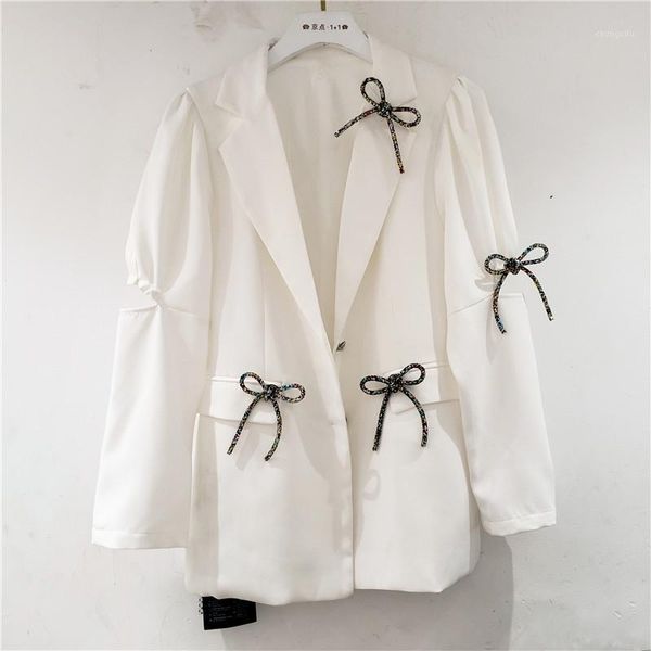 

ewq] 2020 autumn new women's korean version of the white puff sleeve diamond bow white blazer sweet loose casual jacket laides1, White;black