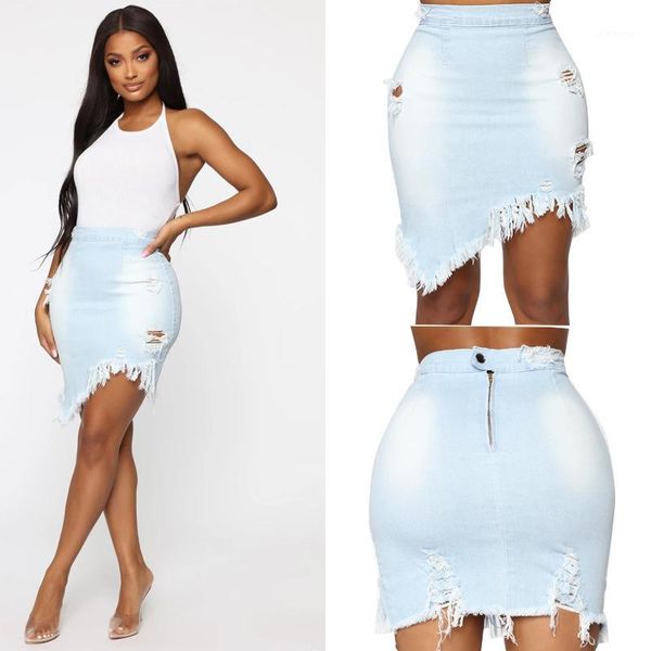 

asymmetrical black white hole denim midi skirt with tassel 2020 high waist wash distressed bodycon skirts womens clothing1