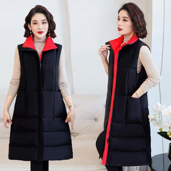 

2021 winter plus fat plus size down cotton waistcoat mid-length mother cotton vest women's black side wear fat new xl-5xl, Black;white