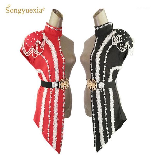 

women's patchwork stage costume new fashion female singer ds dj costume dancing clothes with white pearl chain collar and1, Black;red