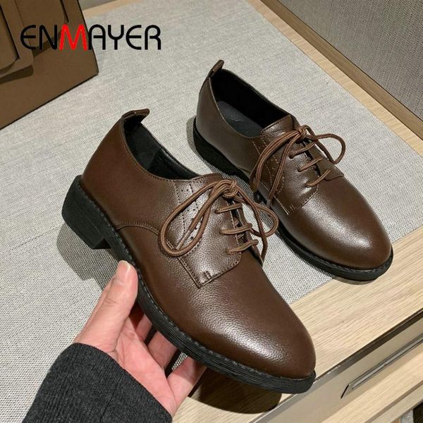 

enmayer 2020 casual lace-up round toe wedding shoes fashion square heel basic pu classics spring/autumn womens shoes size 34-41, Black