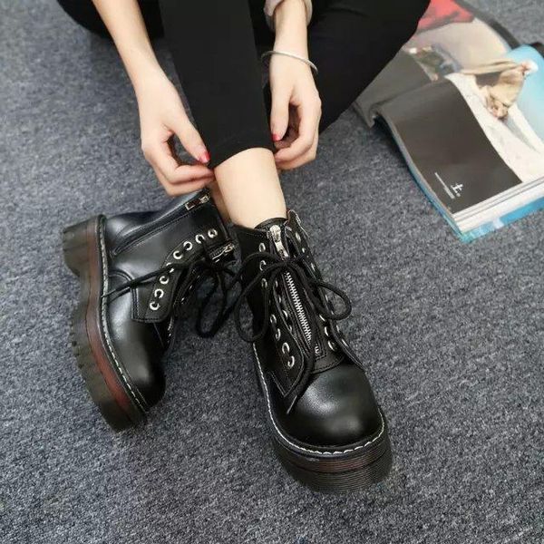 

retro british style oxford high-thick-soled boots platform zipper lace up high tide boots women's leather, Black