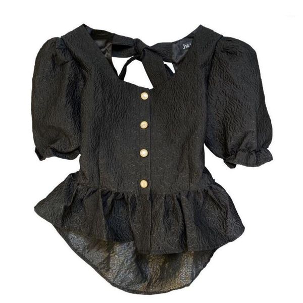 

blusas mujer de moda 2020 summer square collar puff sleeve floral pattern ruffles blouse retro backless bow shirt ladies 1, White