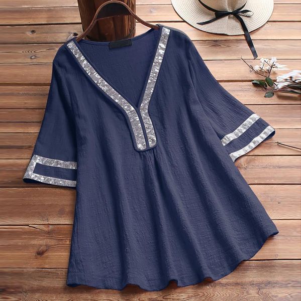 

womens blouses and summer 2020 ladies sequins patchwork short sleeve shirt pullover tunic shirts blusa feminina, White