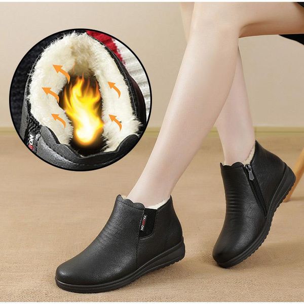

boots winter warm shoes women ankle cotton plush pu leather ladies non-slip zipper solid color snow mom booties, Black