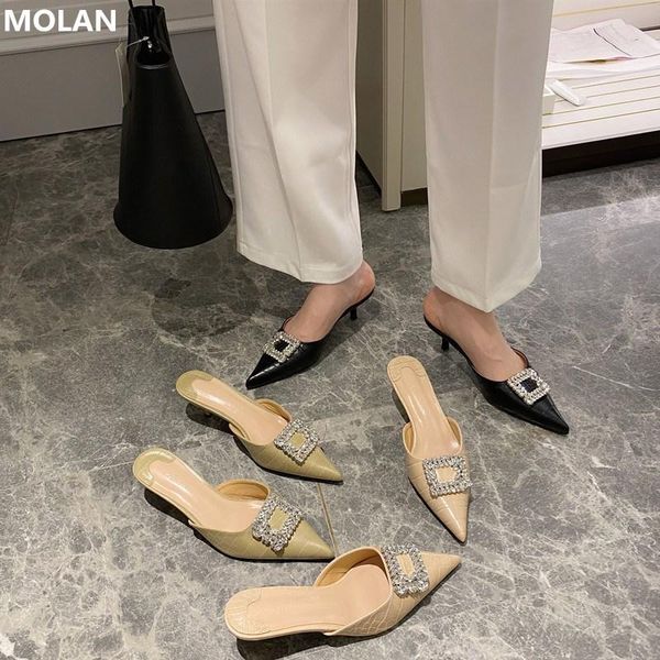 

molan brand designer 2020 весна новый роскошный bling кристл пряжка kitten heels lady насосы good leather пуантах мокасины мулы, Black