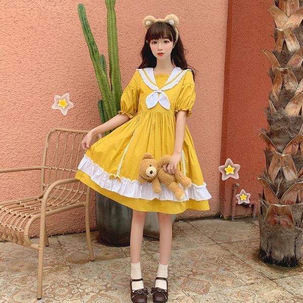 

2021 sweet girls college lolita style summer dress cute sailor preppy short sleeve woman lace bow vintage yellow dresses, Black;gray