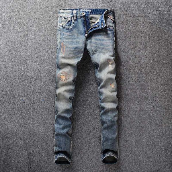 

vintage fashion men jeans retro blue slim fit destroyed ripped jeans for men patch embroidery design denim pants classical1
