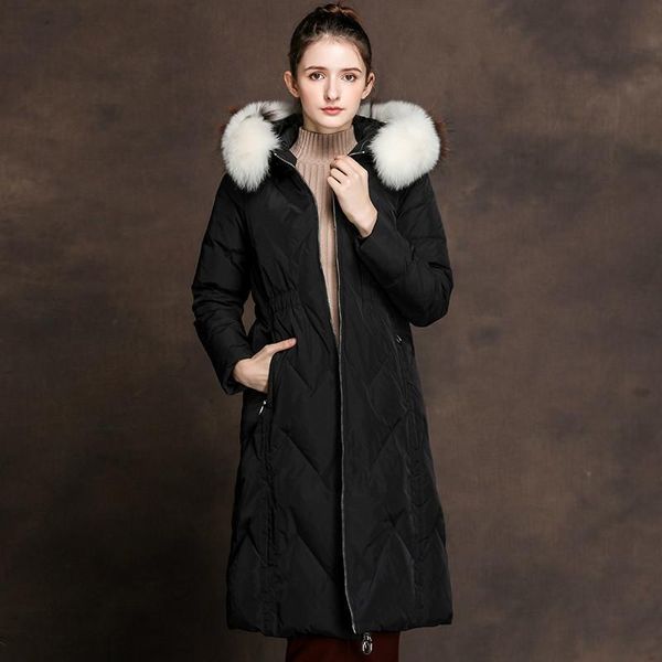 

long white duck down jacket, women hooded coat, women's coats with raccoon fur collar, winter jackets smxl6065, Black