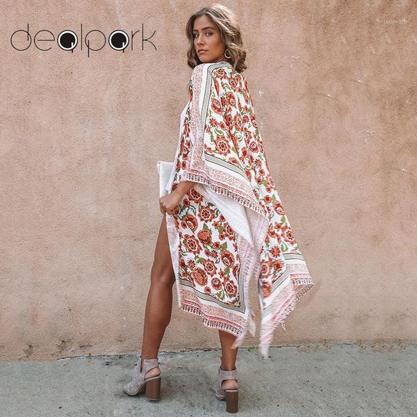 

women chiffon kimono cardigan floral print long kimono female blouses split boho loose outerwear beach bikini cover up plus size1, White
