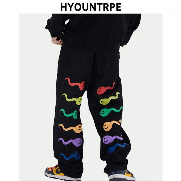 

high street printed denim pants mens straight zipper jeans trouser autumn new hip hop streetwear casual loose joggers jean pants1, Blue