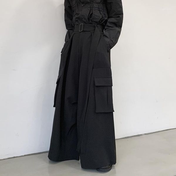 

men kimono straight skirt pants japan loose casual wide leg cargo pants male streetwear hip hop punk gothic harem belt trousers1, Black