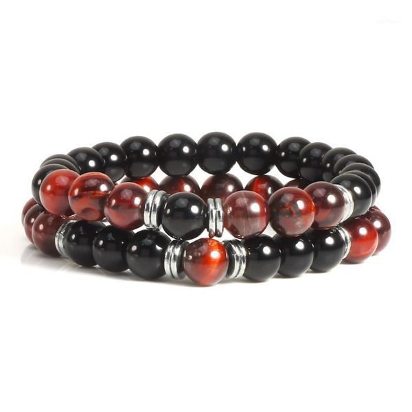 

beaded, strands 2pcs/set men tiger eye bracelets women natural black onyx stone beads bracelet meditation buddha bangles couples jewelry1