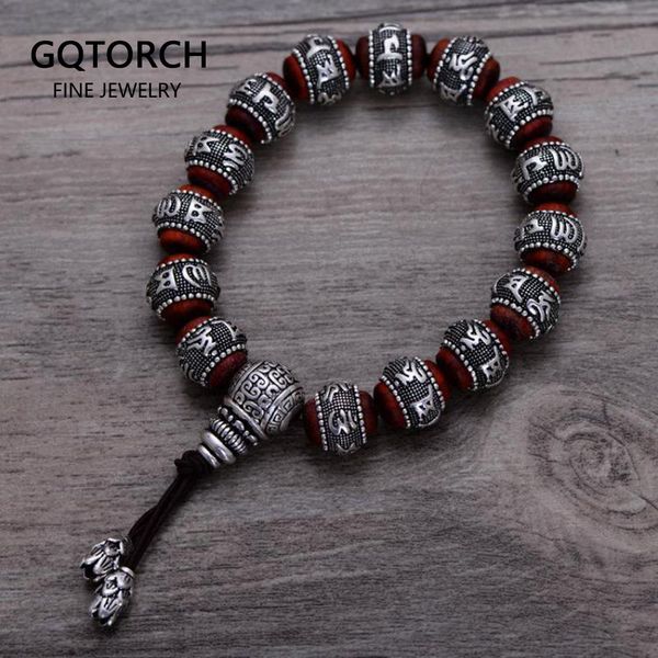 Tibetan Om Mani Padme Hum Bracelet натуральный лобулярный красный сандаловый нот Inlaid 925 стерлингового серебра Будда Mantra для мужчин Женщины Любители CX200613