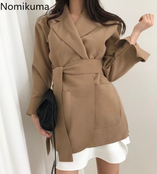 

nomikuma korean woolen blazer coat sashes bandage slim waist suit jacket 2020 autumn winter notched collar women blazers 6c922, White;black