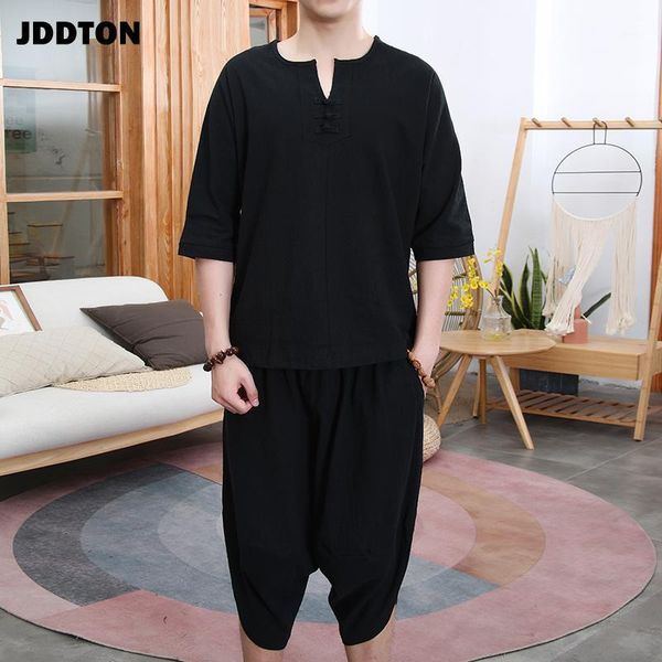 

jddton new summer men loose cotton linen two-piece set clothing style suits outerwear fashion casual loose male retro suit je1121, Gray