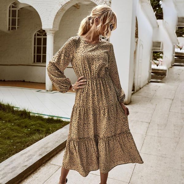 

casual dresses floral print dress women 2021 zaraing autumn winter long sleeve ruffle ruched o neck high waist dot midi vestido de mujer, Black;gray
