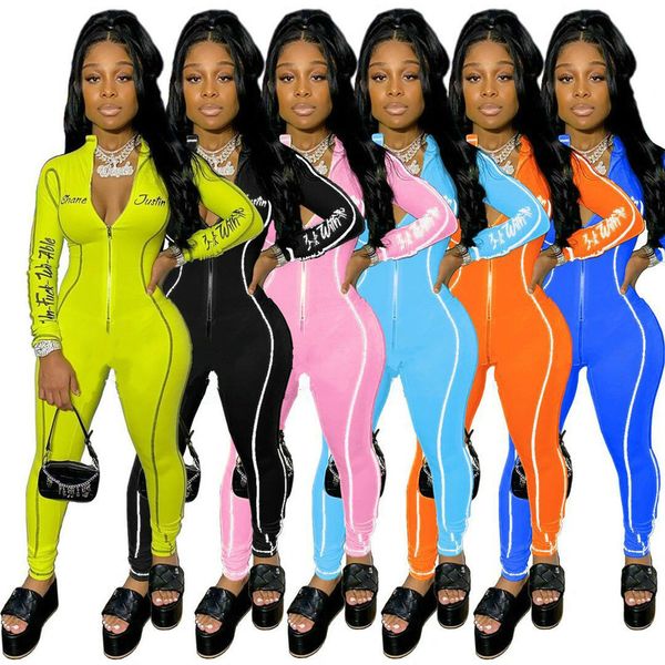 

women jumpsuit advanced craft letter print onesies zipper stand collar line stitching slim one piece clothes ladies casual rompers a225, Black;white