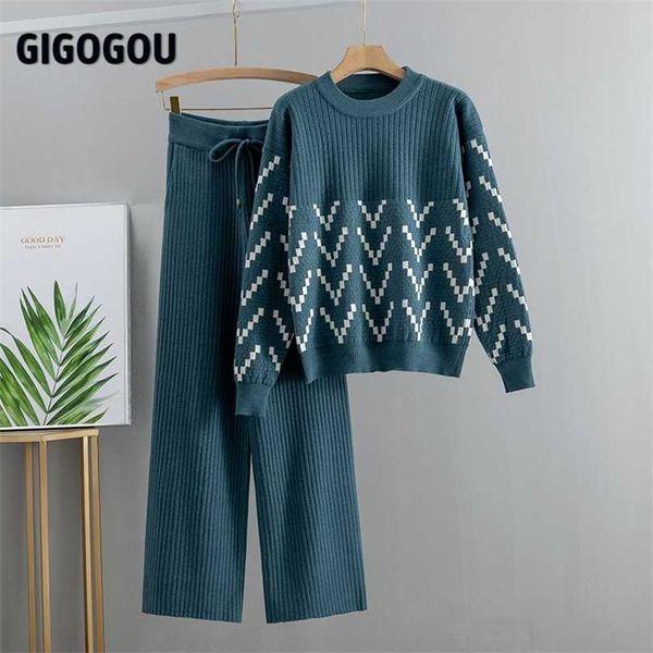 

gigogou women sweater two piece knitted sets jacquard tracksuit chic pullover crewneck long sleeve wide leg pants 211221, White