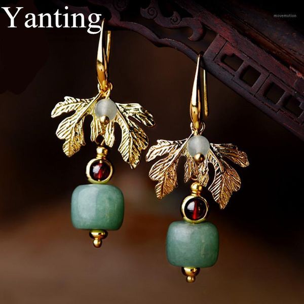 

yanting vintage earrings for women ethnic earrings female gold color leaf earings fashion jewelry aventurine stone earring 0321, Silver