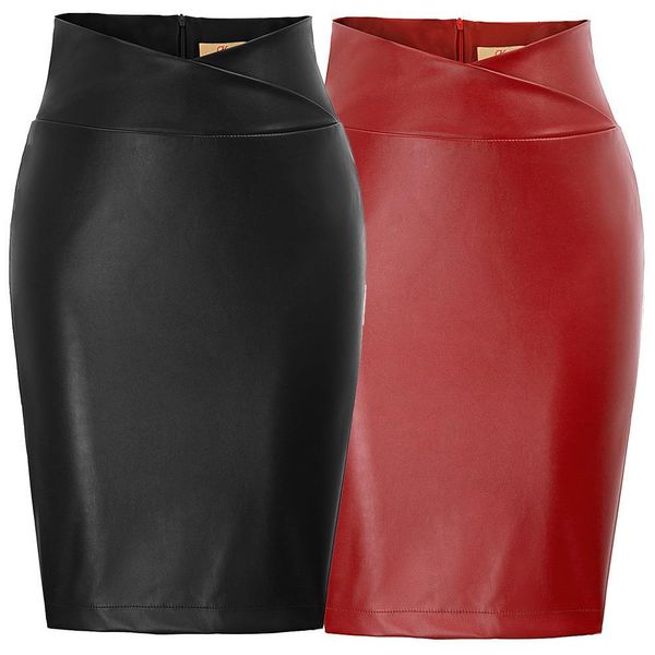 

women skirts faux leather wrap waist back split skirts hips-wrapped bodycon sheath knee length pencil skirt ol lady, Black
