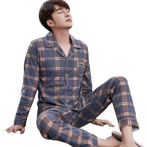 

2pieces/set men's 100%cotton homewear pajamas elegant male casual sleepwear autumn winter large size comfortable sleep pyjama 201111, Black;brown