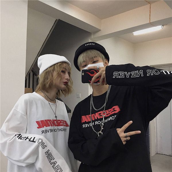 

fashion 2019 letter print japan harajuku black white hip hop tshirt streetwear men women couple long sleeve loose t shirt funny, White;black