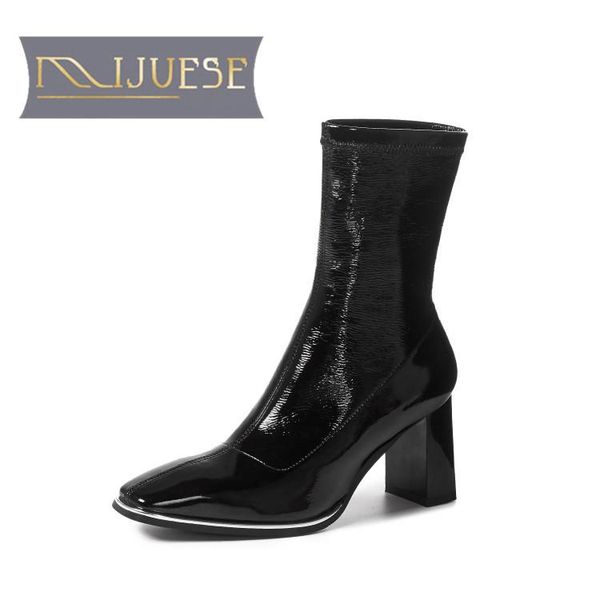 

mljuese 2021 women ankle boots microfiber winter short plush square toe high heels female boots size 39, Black