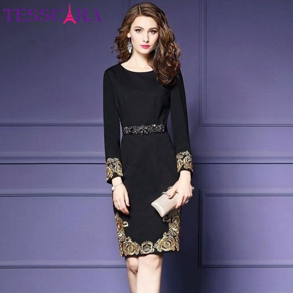

tesscara autumn & winter women luxury embroidery dress female elegant office pencil robe femme retro vintage designer vestidos 201125, Black;gray