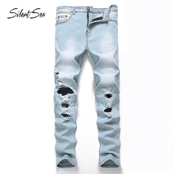 

silentsea plus size men's jeans stretch destroyed ripped design fashion ankle hole skinny jeans for men washed blue