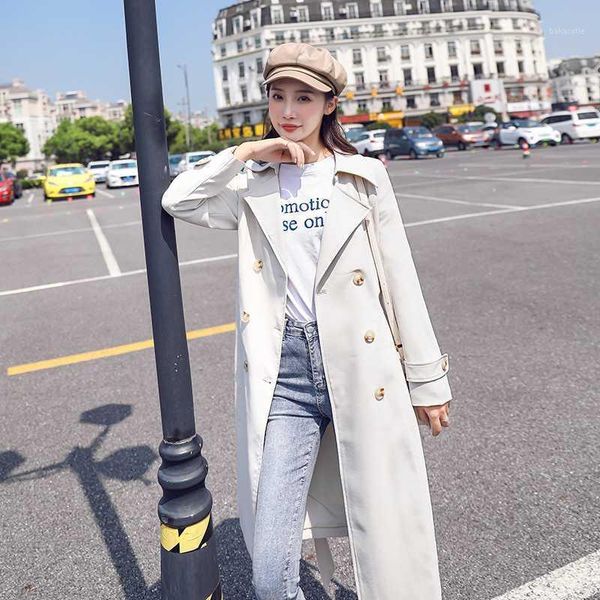 

2020 spring autumn casual windbreaker women double-breasted solid long trench coat korean loose ladies clothes g2731, Tan;black