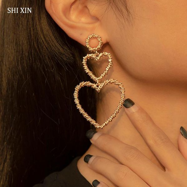 

shixin big layered heart pendants earrings for women thick twisted chains statement earrings 2021 large handing jewelry, Silver