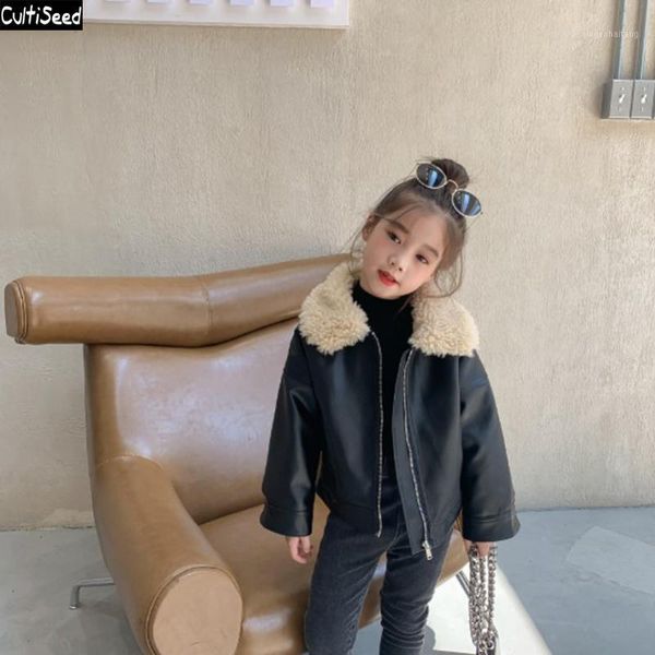 

cultiseed baby girl autumn winter thicken warm fur collar pu leather jackets children kids new fashion casual long sleeve coats1, Blue;gray