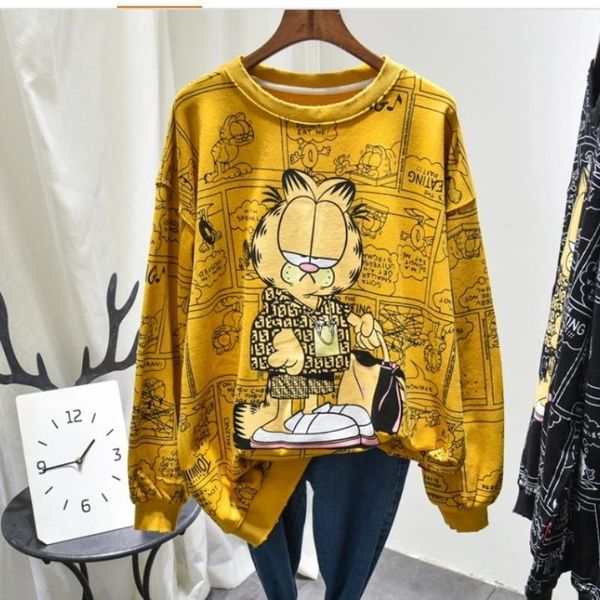 

plus hoodies kawaii sleeve print streetwear 100% neck crew cotton women size sweatshirt long pullover cartoon girls sweat twxpk, Black