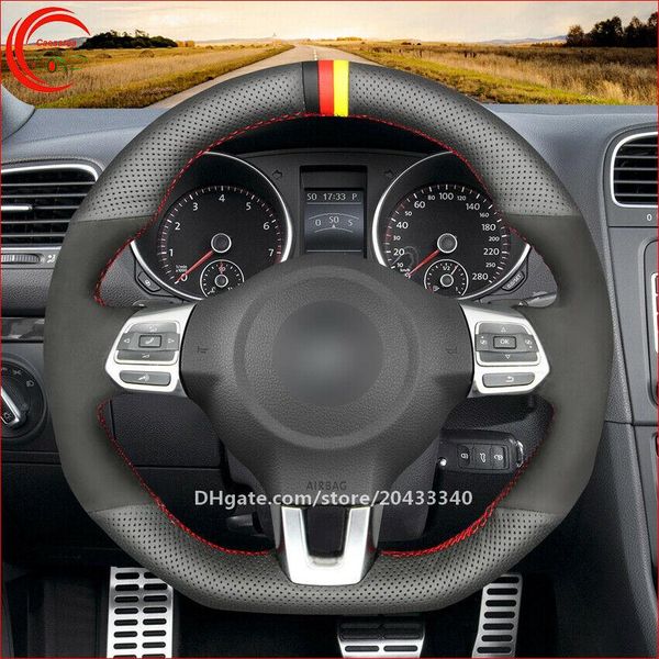 

hand-stitch black leather car steering wheel cover for volkswagen golf 6 gti