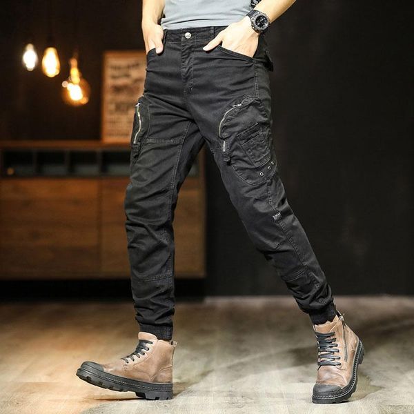 

men's pants overalls, zipper pockets, low waist style, breathable casual outdoor sports standing, Black