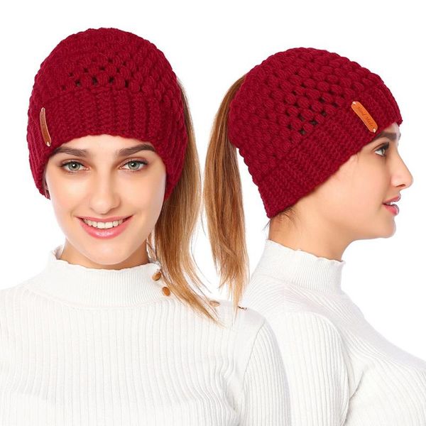 

beanie/skull caps women girls stretch knit hat messy high bun beanie warm hole cap stretchy crochet skull, Blue;gray