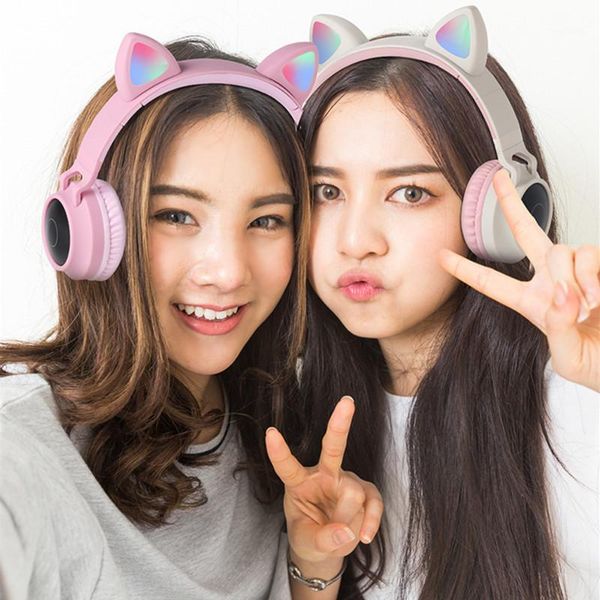 

cute cat bluetooth 5.0 headset wireless hifi music stereo bass headphones for girls gift led light mobile phones headset for pc1