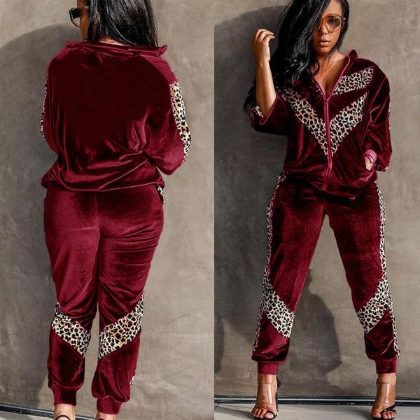 

women's tracksuits velvet 2 piece outfits casual leopard patchwork zip up sweatshirt + jogger pants set tracksuit 2021 fashion, Gray