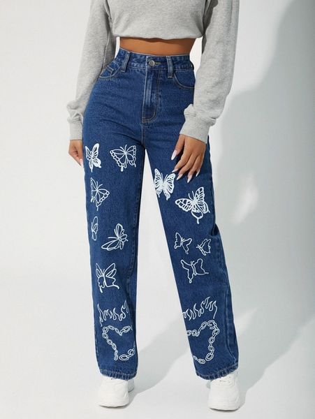 

petite high waist butterfly print straight leg jeans h8ua#, Blue