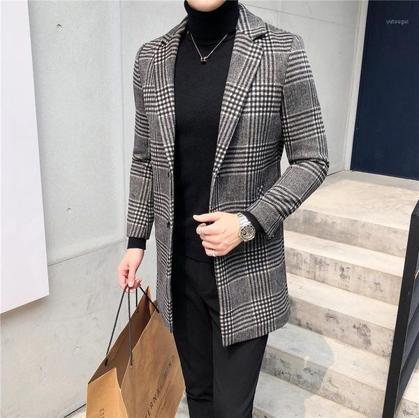 

men of new fund of 2020 autumn winters windbreaker long wool woolen cloth coat in male han edition grid cloth coat1, Black