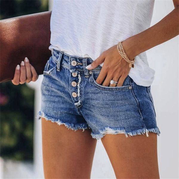 

new ins net red hole elastic low waist jeans women's shorts, Blue