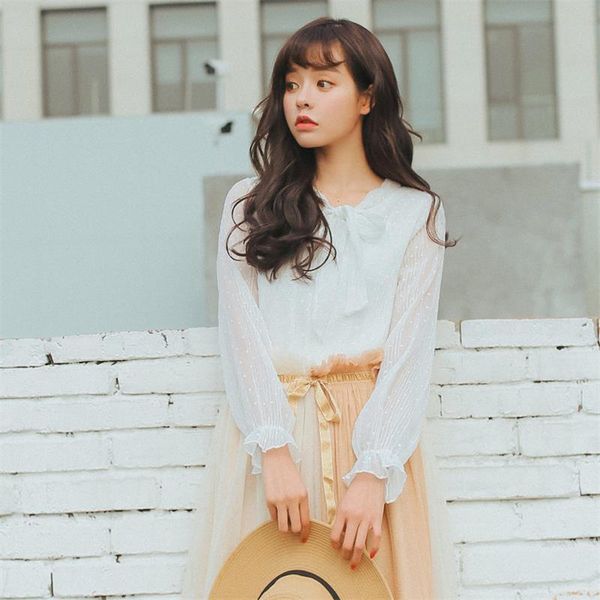 

women's blouses & shirts clothes kawaii ulzzang vintage wavelet point bow tie web shirt female punk harajuku tunic for women retro top, White