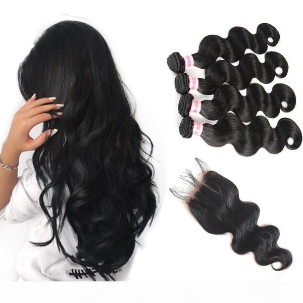 

peruvian virgin body wave hair weaves 3 4 bundles with closure unprocessed hair extensions human hair lace closure, Black