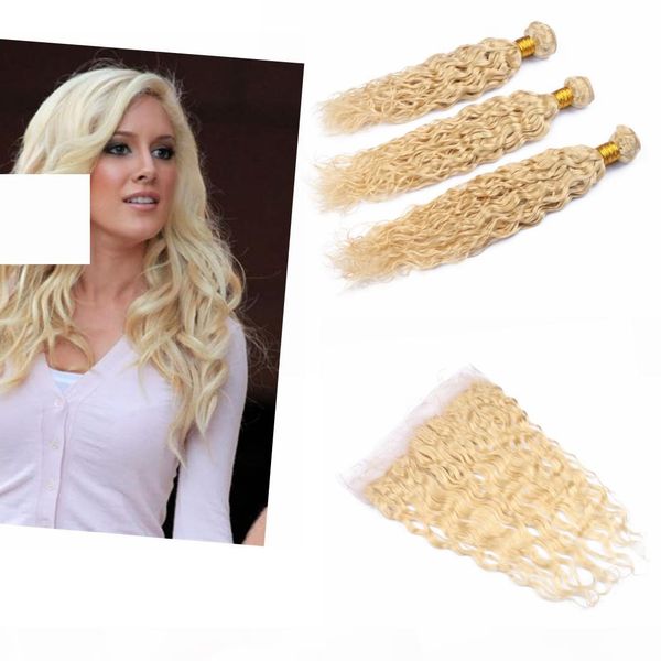 

blonde brazilian 613 hair with closure 13x4 lace frontal brazilian blonde wave hair bundles water wave 3 bundles, Black;brown