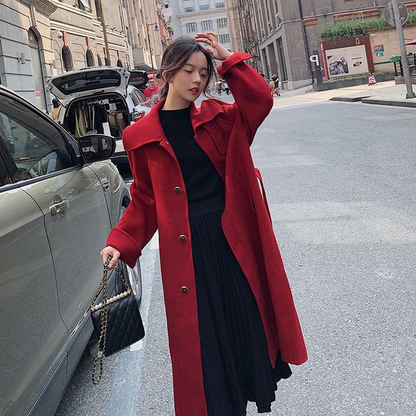 

hepburn wool women autumn winter temperament 2021 women's lapel popular cashmere female woolen coat ladies belt e253, Black