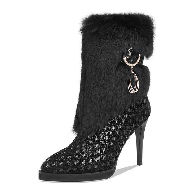 

winter new fashion cashmere printed hair pointy ankle boots genuine leather metal decoration high heels party zip, Black